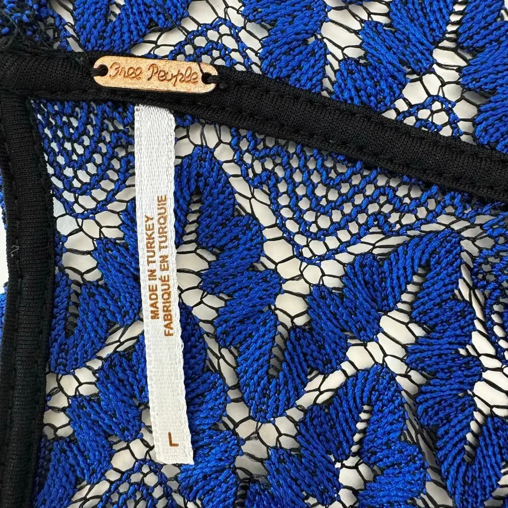 Free People Simone Lace Mini Dress Long Sleeve Zig Zag Cobalt Blue L No Slip